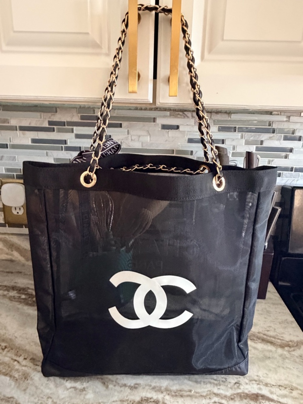 BRAND NEW Chanel Beaute Black Mesh Bag w Gold Chain & Matching Mesh Pouch - Picture 15 of 16